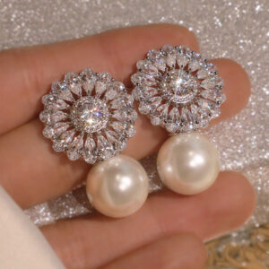 Wholesale Flower Zircon Imitation Pearl Copper Earrings