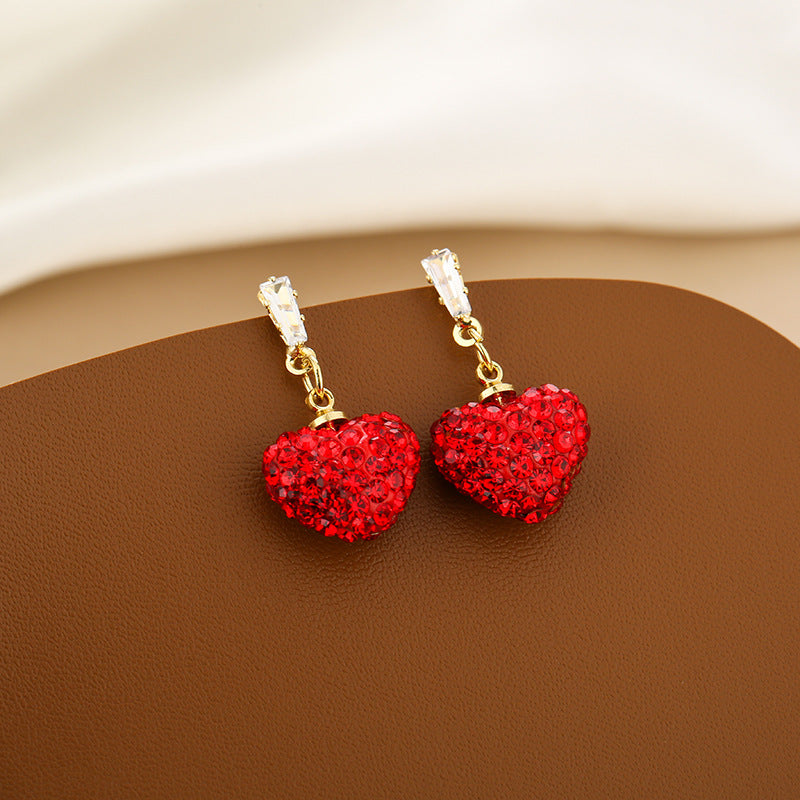 Wholesale Red Full Diamond Heart-shaped Titanium Steel Earrings