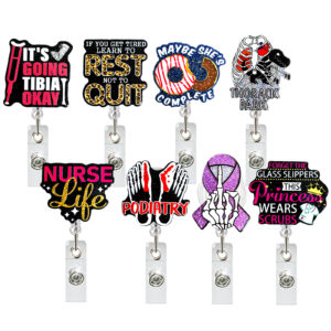 Wholesale Glitter acrylic bone finger English toe medical easy pull buckle rotating Doctor Nurse telescopic badge