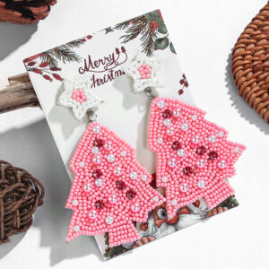 A pair of pink Christmas tree rice beads earrings