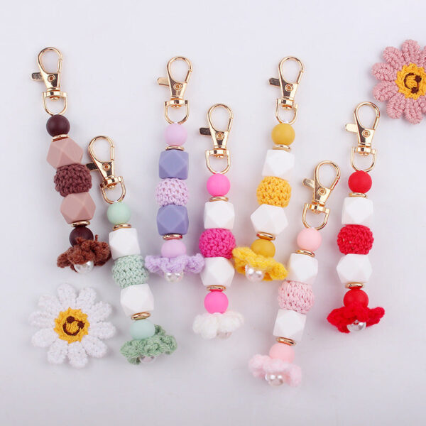 Wholesale Knitted Flower Silicone Beaded Lanyard Keychain