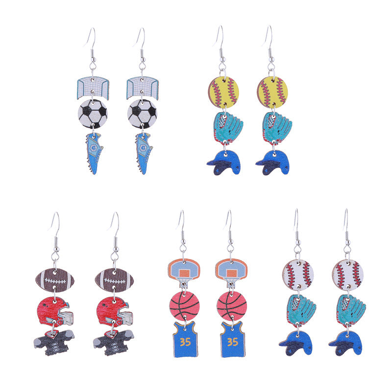 Wholesale Srts Style Baseball, Rugby, Basketball, Football, Long Wooden Earrings