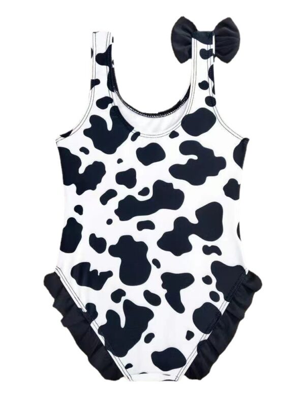 Wholesale Baby Girls Ruffles Dairy Cow Black and White Printed Bow One Piece Swimwear