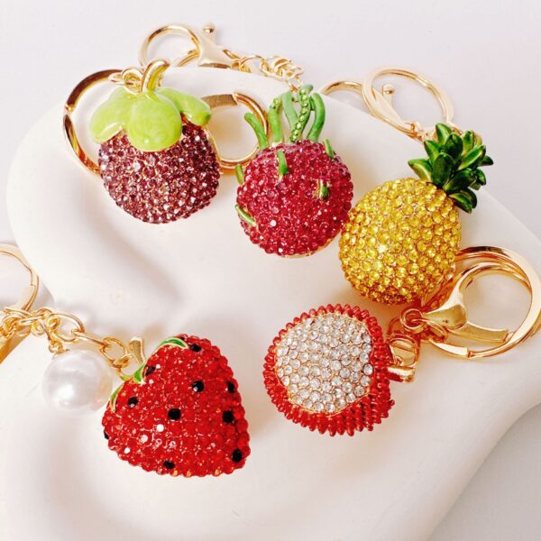 Wholesale Cute Rhinestone Strawberry Pineapple Fruit Alloy Keychain