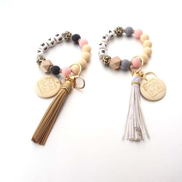 Wholesale Silicone Wooden Beads Leather Tassel MAMA Wrist Keychain