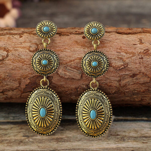 Wholesale Retro Ethnic Style Golden Pumpkin Flower Inlaid Turquoise Long Alloy Earrings