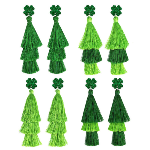 Wholesale St. Patrick's Green Festive Atmosphere Multi-layered Tassel Four-leaf Clover Earrings