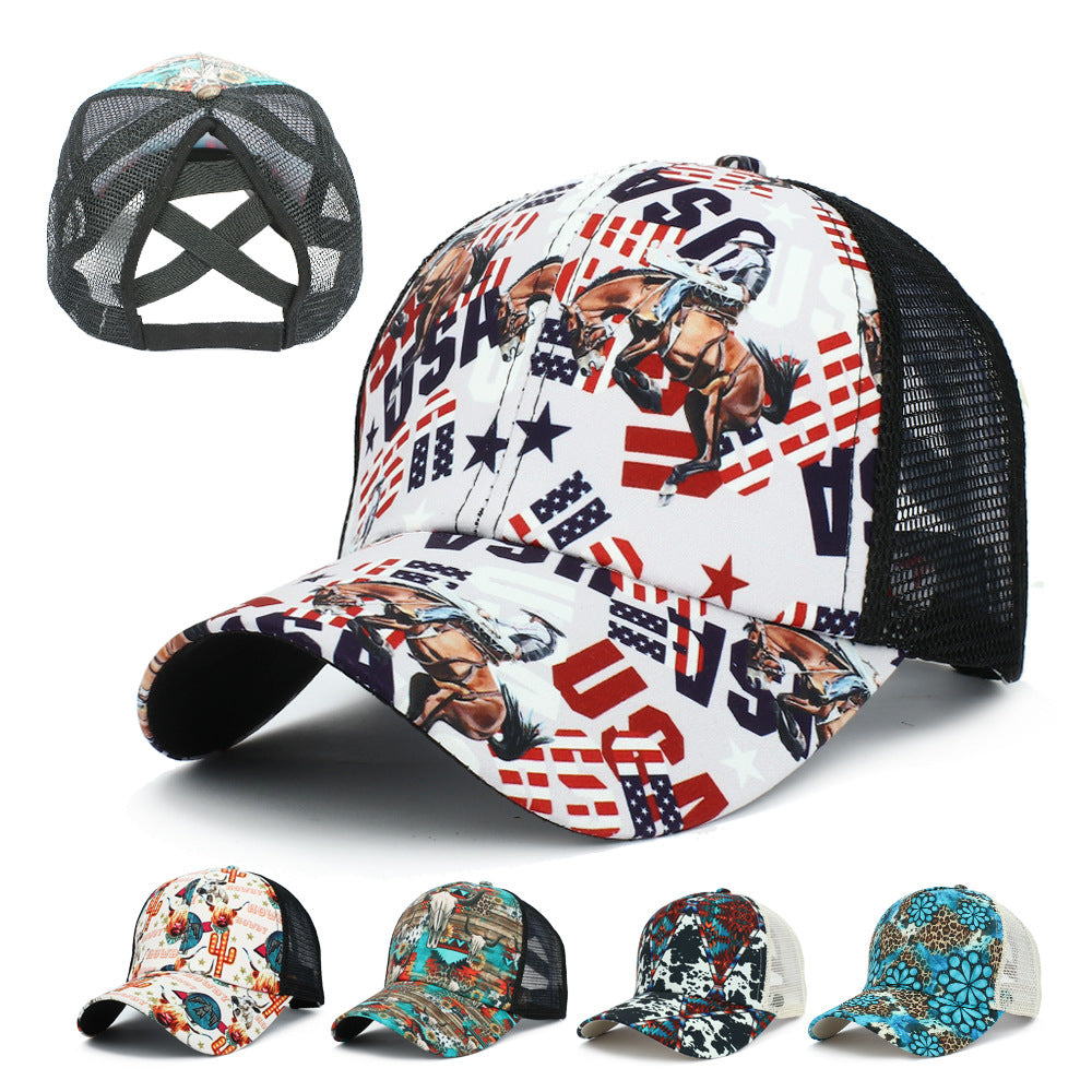 Wholesale Western style Cross nytail Print Baseball Cap Peaked Cap