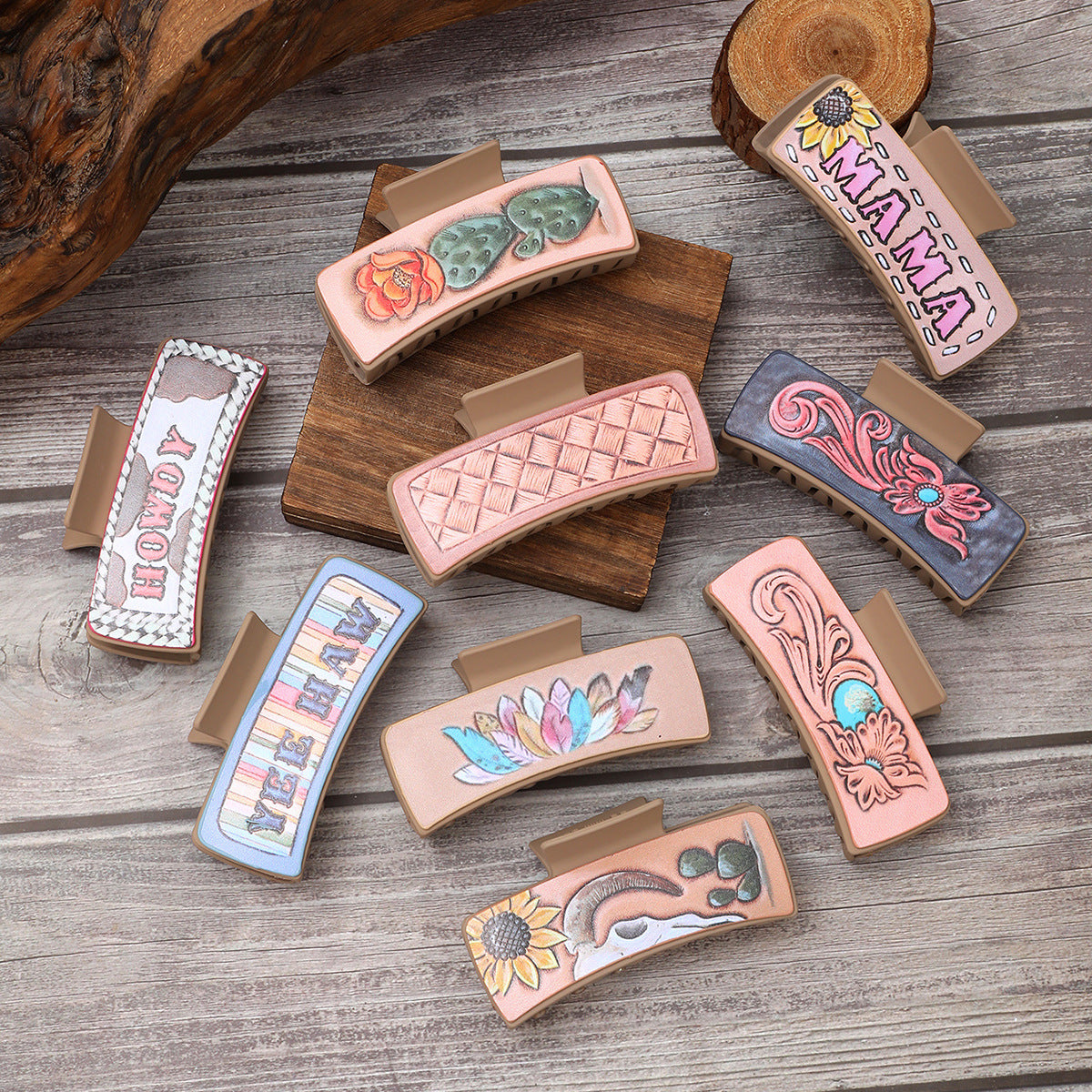 Wholesale Western Style MAMA Cactus HOWDY Suower Leather Hair Clip Shark Clip