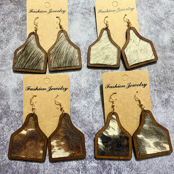 Wholesale Genuine Leather Vintage Cow Brand Smudged Horse Hair Inlaid Western Fashion Earrings