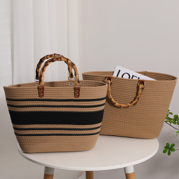 Wholesale Bamboo-like French Retro Straw Bag Portable Striped Large-capacity Cotton Woven Bag