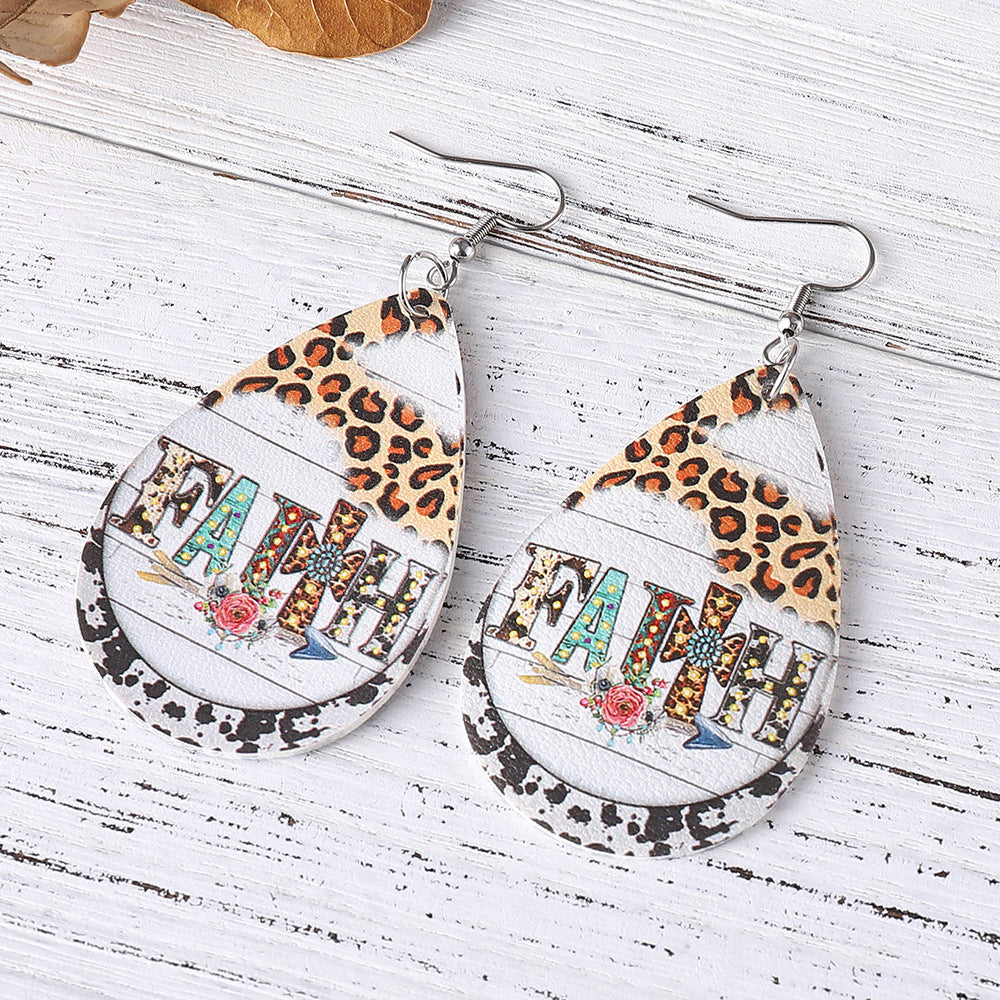 Wholesale Western Denim FAITH Leopard Print Turquoise Cross Double Sided Print PU Leather op Earrings