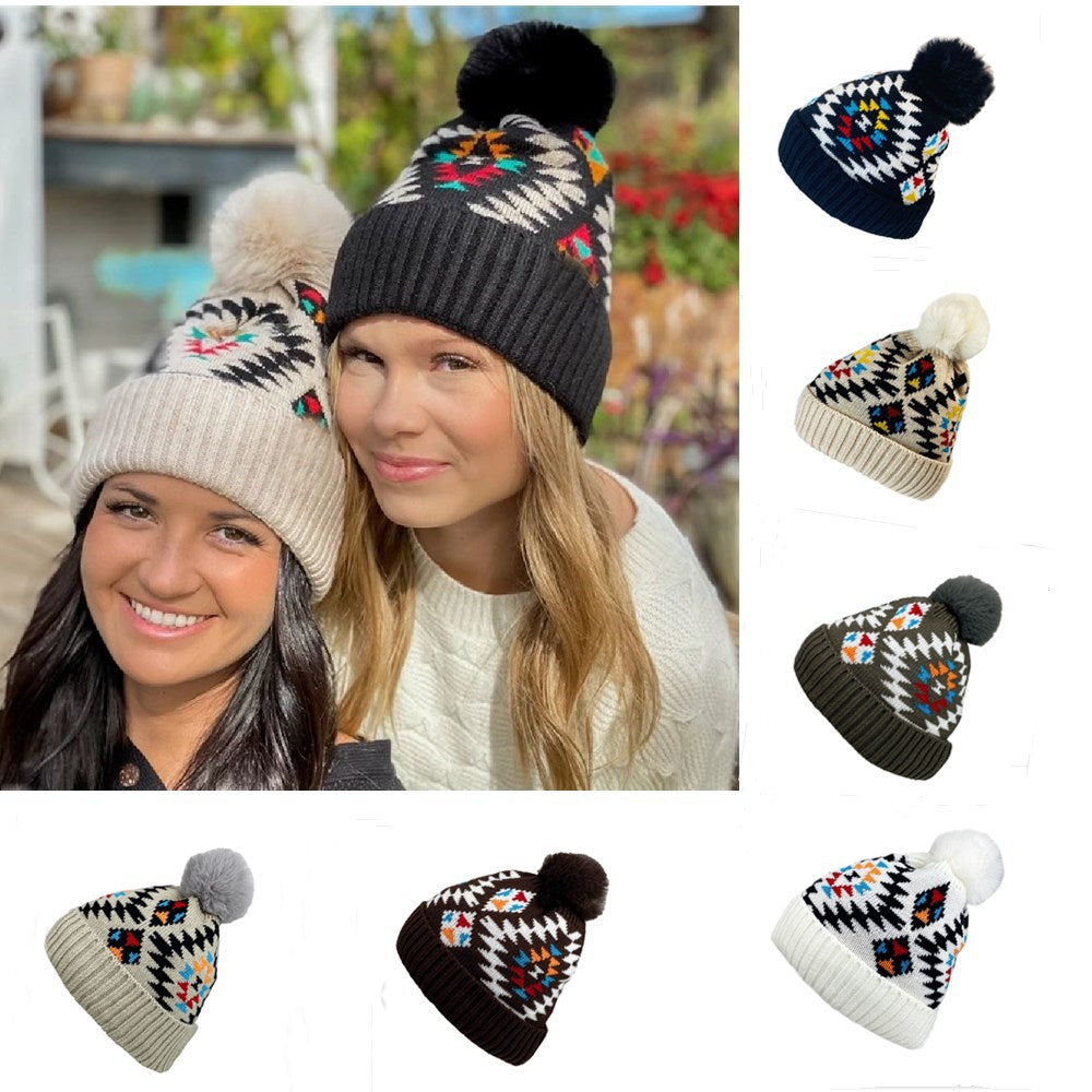 Wholesale Autumn and Winter Plush Women's Aztec Pattern Warm Wool Ball Knitted Wool Hat