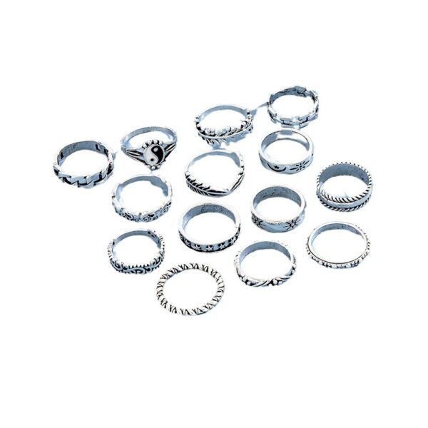 Wholesale Metal Yin Yang Embossed Elephant Geometric Ring Set of Fourteen Pieces