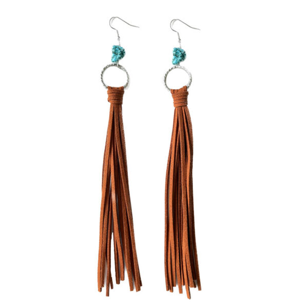 Wholesale Exaggerated Leather Tassel Turquoise Multi-color Earrings 2 in A Pack