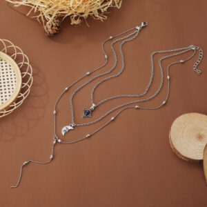Wholesale Black Gemstone Moon Face Zinc Alloy Long Chain 3 Layer Necklace