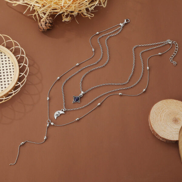 Wholesale Black Gemstone Moon Face Zinc Alloy Long Chain 3 Layer Necklace