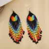Wholesale Bohemian Handwoven Rainbow Heart-shaped Rice Bead Tassel Earrings