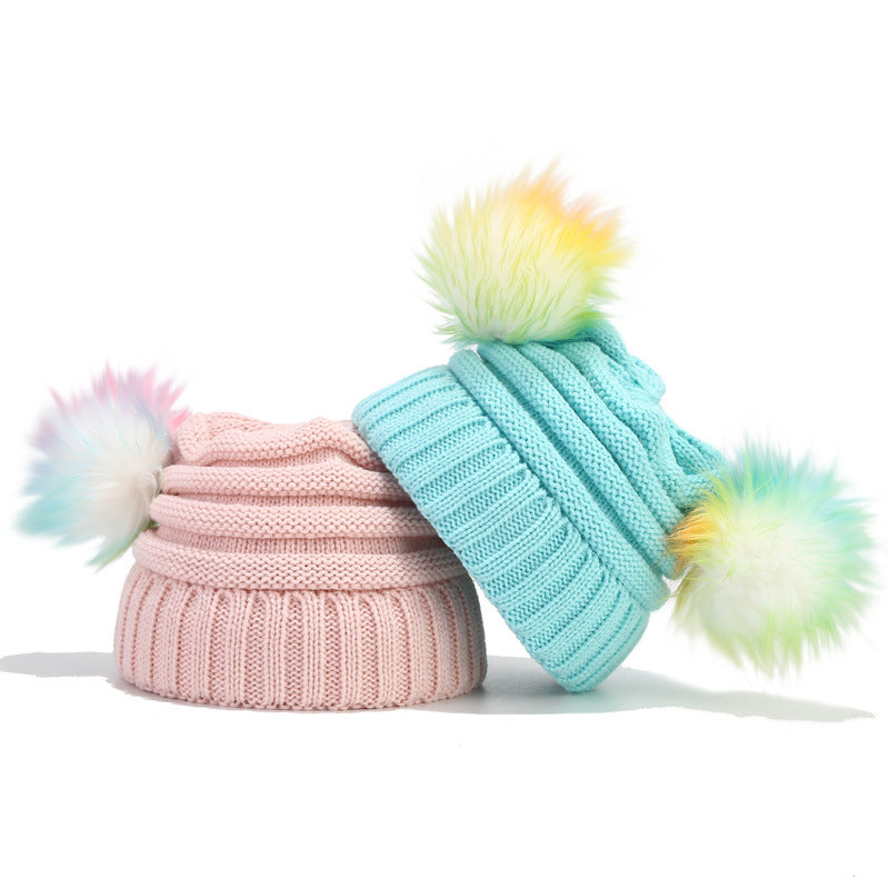 Wholesale Chilen's Knitted Hats 3-10 Years Old, Colorful Fur Ball Woolen Hats, Winter Hats