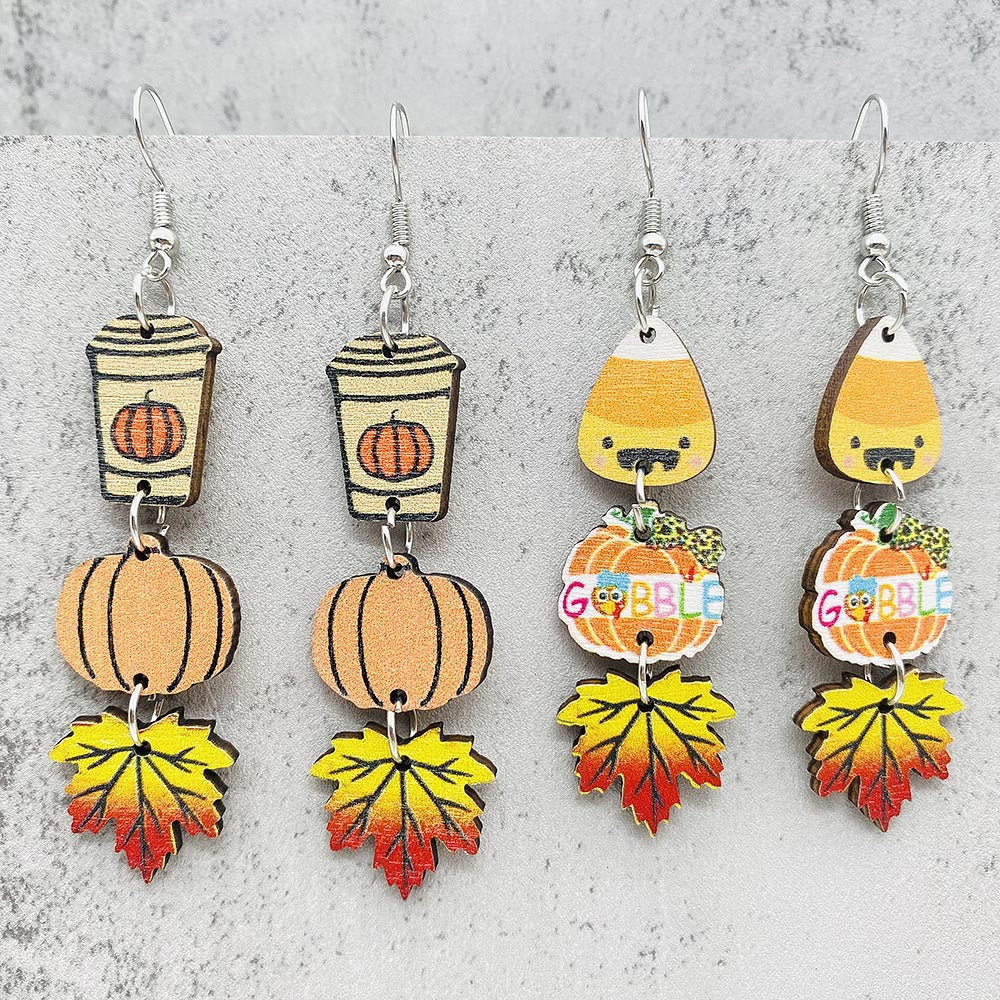 Wholesale Thanksgiving Pumpkin Maple Leaf Coee C Wooden Earrings Earrings