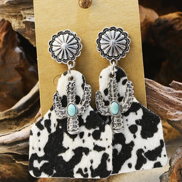 Wholesale of Western Wind Cow Pattern Turquoise Alloy Horseshoe Leopard Pattern Cross Leather Earrings