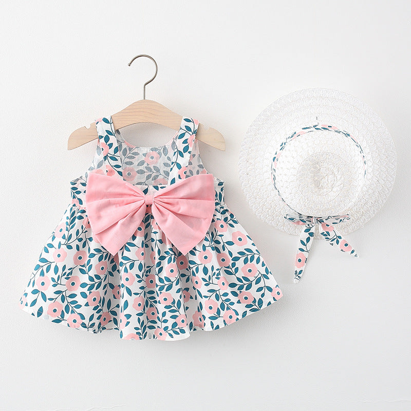 Wholesale Girls Suspenders Cotton ess with Straw Hat Baby Clothes