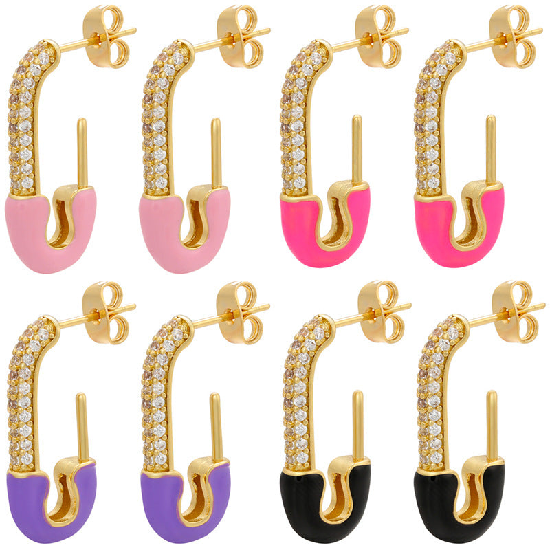 Wholesale Colorful Pins Gold Rectangular Copper Earrings
