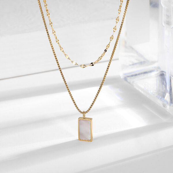 Wholesale Fashion Double Layered Rectangular White Shell Titanium Steel Necklace
