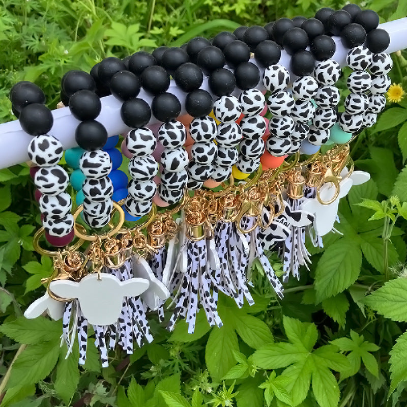 Wholesale Western Style Leopard Print Silicone Bead Bracelet Keychain