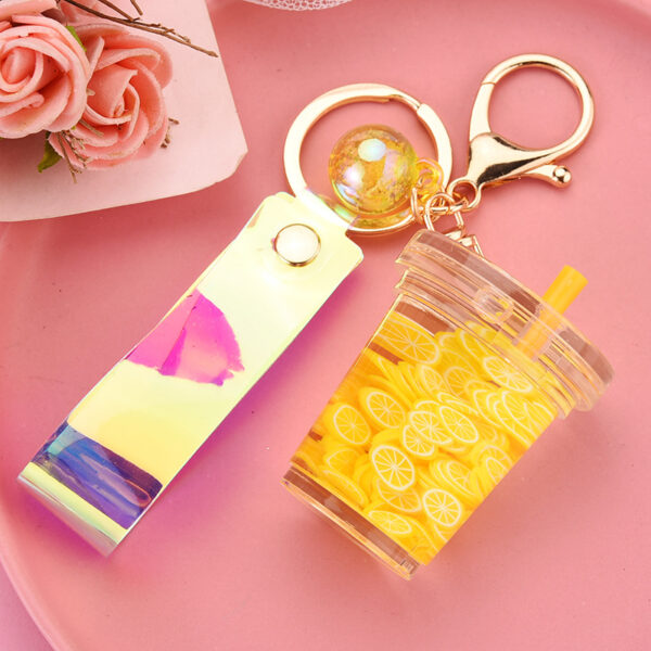 Wholesale Acrylic Milk Tea Cup Imitation Fruit Piece Floating Leather Rope Creative Key Chain