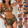 Wholesale Three-Piece Set Solid Color Foil Stamping Glossy Lace Up Swimwear