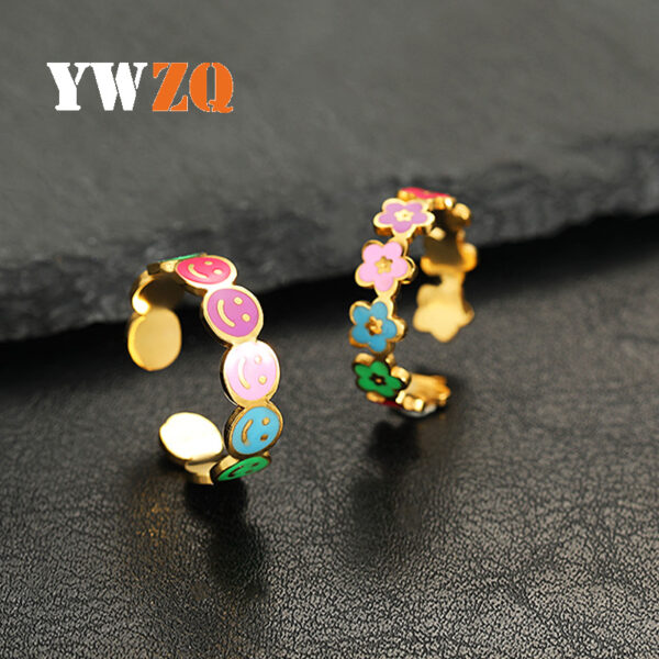 Wholesale Colorful Smiley Flower Opening Adjustable Stainless Steel Ring