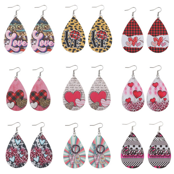 Wholesale Valentine's Day Love Leopard Heart Water Drop Pendant PU Double-sided Valentine's Day Earrings