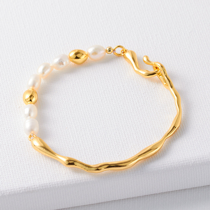 Wholesale French Natural Baroque Pearl Asymmetric Stainless Steel Bracelet