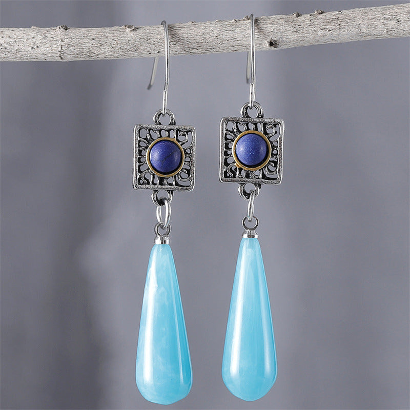 Wholesale Fashionable Ethnic Style Two-color Turquoise Inlaid Elegant High-end Long op Pendant Earrings