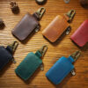 Wholesale Cowhide Waist Hanging Portable Zipper Storage Bag Leather Keychain