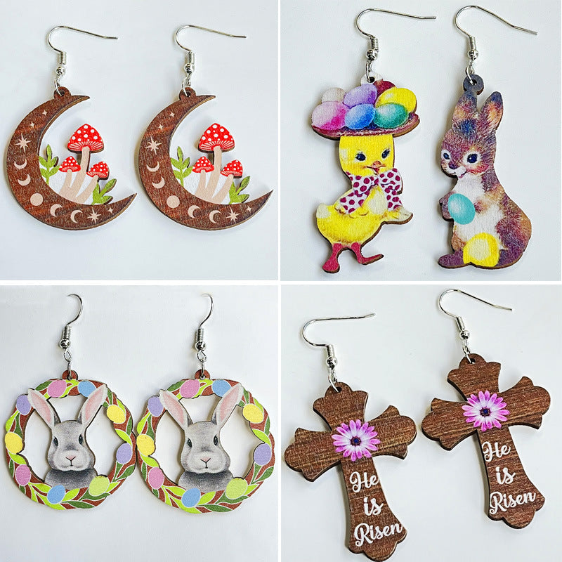 Wholesale Easter Mushroom Cross Rabbit E Wooden Earrings