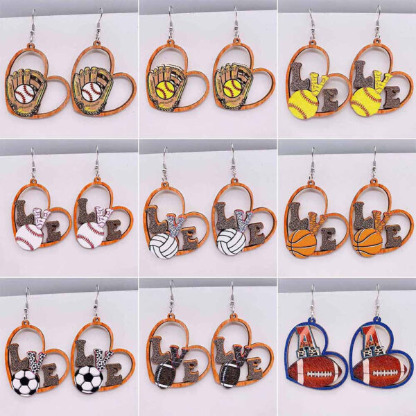 Wholesale Baseball Basketball Football Volleyball Retro Wooden Earrings