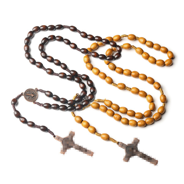Wholesale Rosary Beads Weaving Dark Brown Rice Beads Wooden Cross Necklace