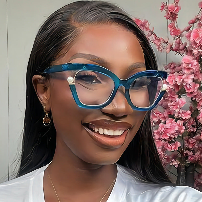 Wholesale PC Anti Blue Light Pearl Decorative Eyeglass Frames with Flat Lenses