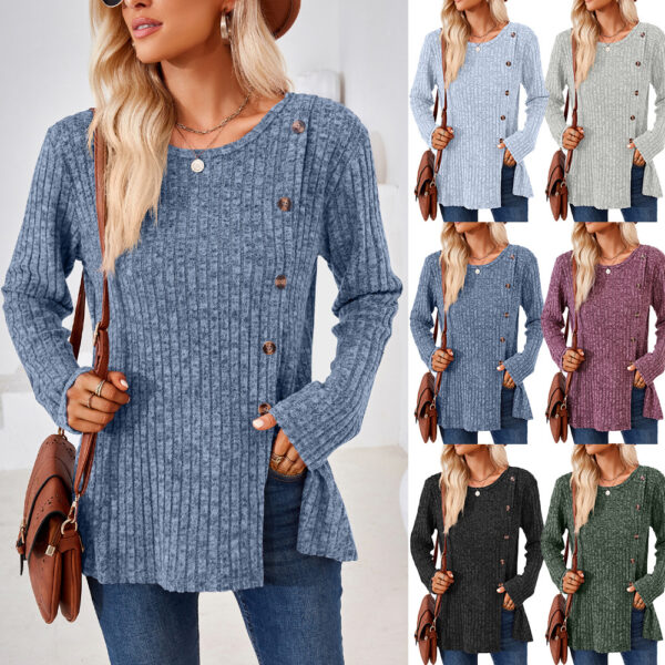 Wholesale Autumn and Winter Round Neck Solid Color Patchwork Button Long Sleeve Loose T-shirt