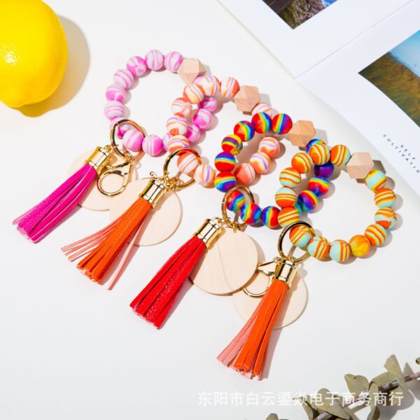 Wholesale Silicone Bead Wood Chip Bracelet Keychain