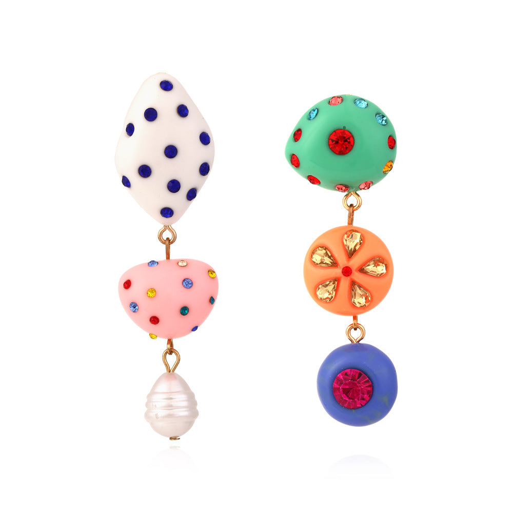Wholesale Asymmetric Long Candy Colored op Shaped Resin Diamond Earrings