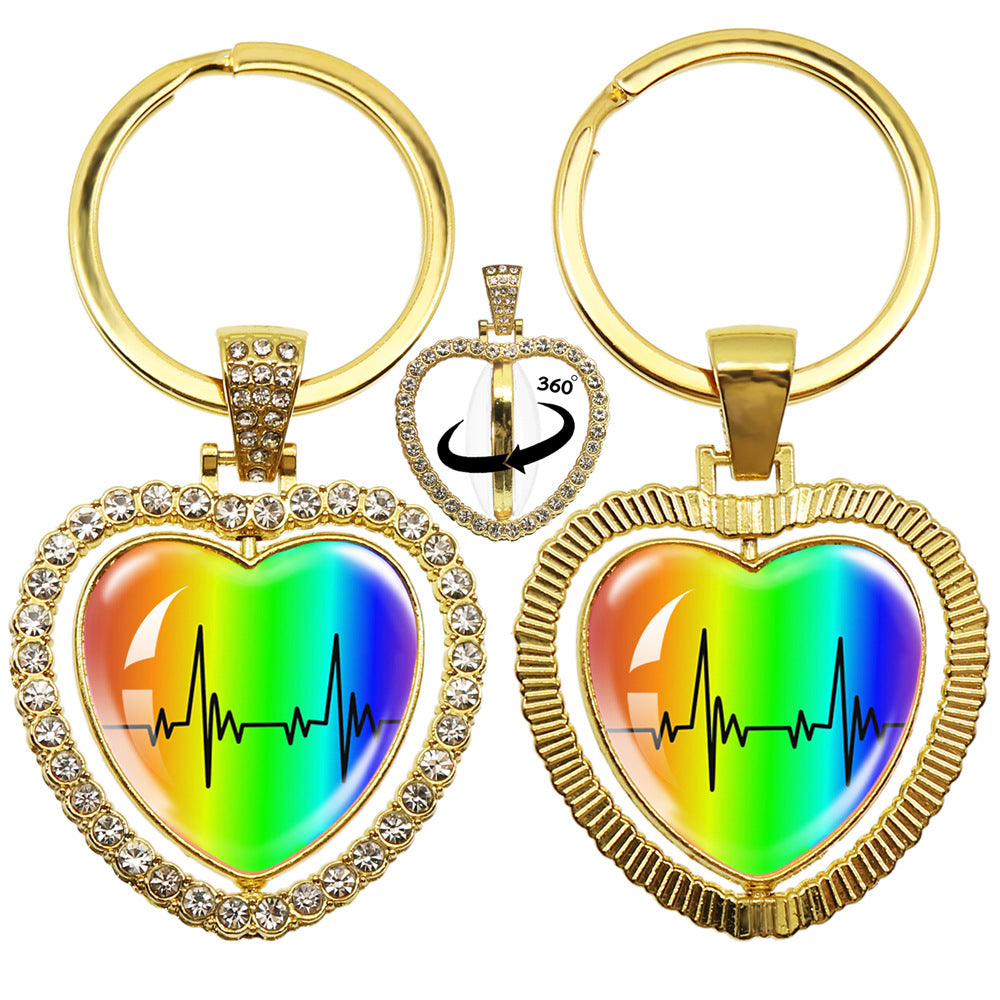 Wholesale LGBT Rainbow Rhinestone Heart Shaped 360 Degree Rotating Double Sided Metal Keychain