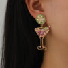 Wholesale Boho Style Tall Wine Glass Lemon Slice Color Block Diamond Earrings