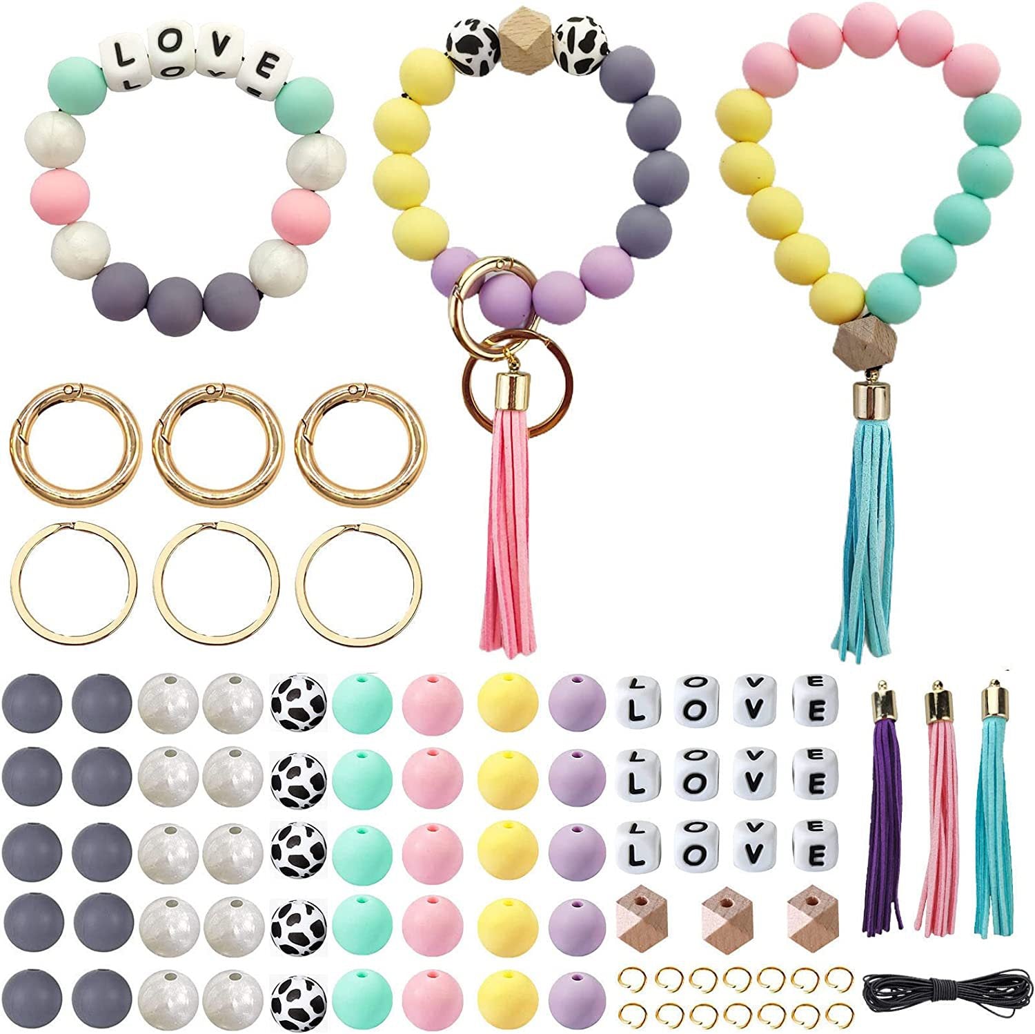Wholesale 84 Pieces of Silicone Beads, Silicone Beads, 15mm Candy Colored DIY Wrist Keychain Kit