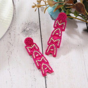 Pair of mama Mother's Day rose red beaded earrings