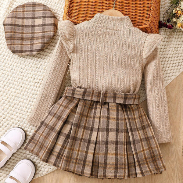 Wholesale Long Sleeve Plaid Pleated Skirt Belt Beret Hat Set of 4 Baby Clothes