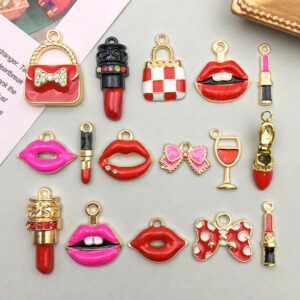 Wholesale 1 Drop Oil Alloy Red Simulated Lipstick Bow DIY Pendant