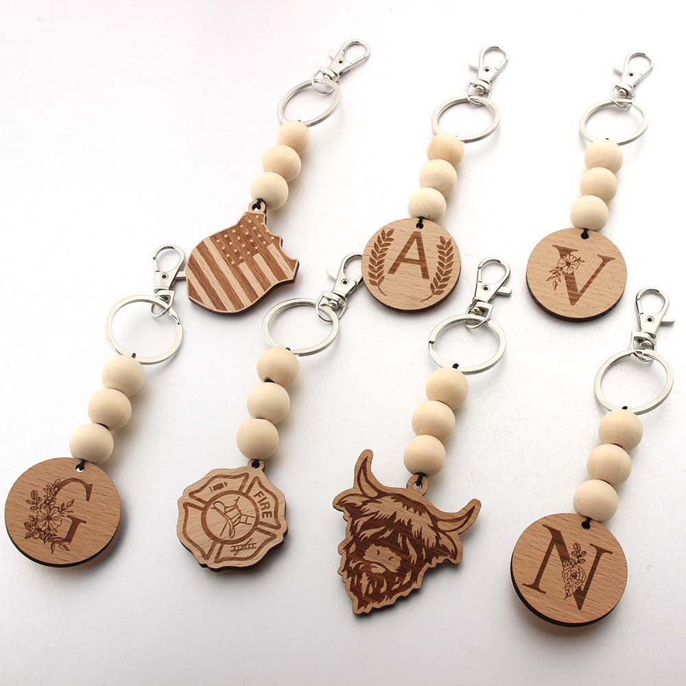 Wholesale Letter Bull Head Wooden Beads Wooden Tag Keychain